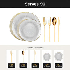 Clear Burst Deluxe Set | Plates & Gold Cutlery | Serves 90
