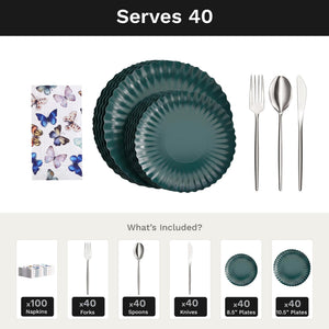 Scalloped Black Aqua Ultimate Set | Plates, Silver Cutlery & Napkins | Serves 40