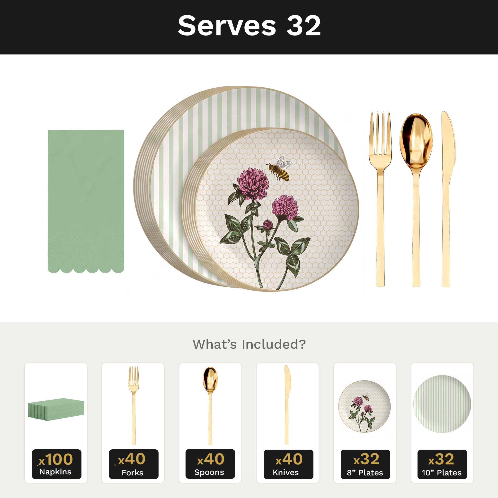 Earthtrends Sweet Life Ultimate Set | Plates, Gold Cutlery & Napkins | Serves 32