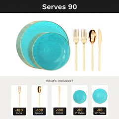Turquoise Weave Deluxe Set | Plates & Gold Cutlery | Serves 90