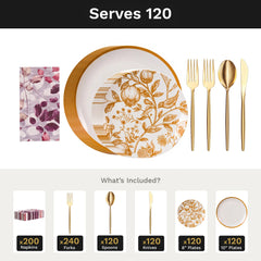 Pomegranate Ultimate Set | Plates, Gold Cutlery & Napkins | Serves 120