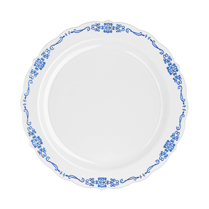 10.25" White / Navy Victorian Design Plastic Plates (120 Count) - Yom Tov Settings