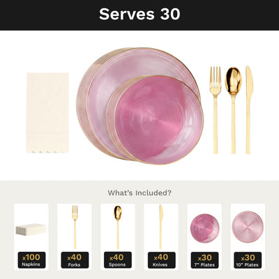 Pink Luster Ultimate Set | Plates, Gold Cutlery & Napkins | Serves 30