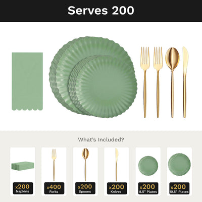 Scalloped Matcha Ultimate Set | Plates, Gold Cutlery & Napkins | Serves 200