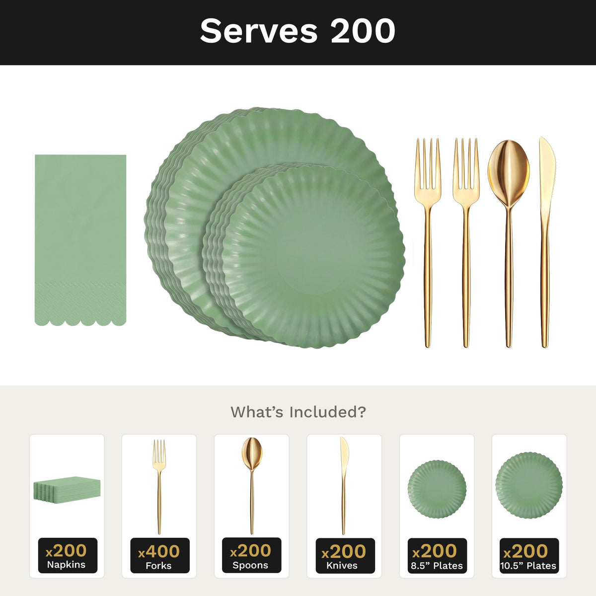 Scalloped Matcha Ultimate Set | Plates, Gold Cutlery & Napkins | Serves 200