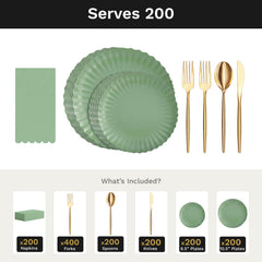 Scalloped Matcha Ultimate Set | Plates, Gold Cutlery & Napkins | Serves 200