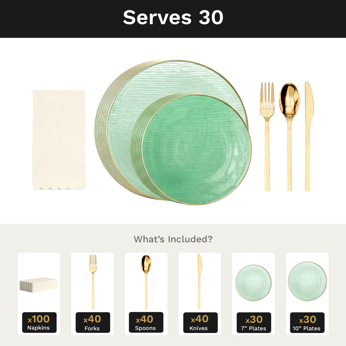 Green Weave Ultimate Set | Plates, Gold Cutlery & Napkins | Serves 30