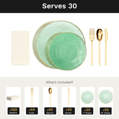 Green Weave Ultimate Set | Plates, Gold Cutlery & Napkins | Serves 30