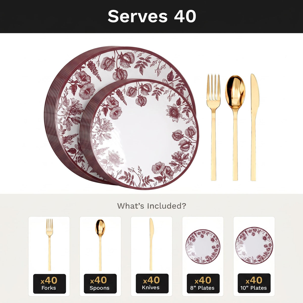 Vine Deluxe Set | Plates & Gold Cutlery | Serves 40