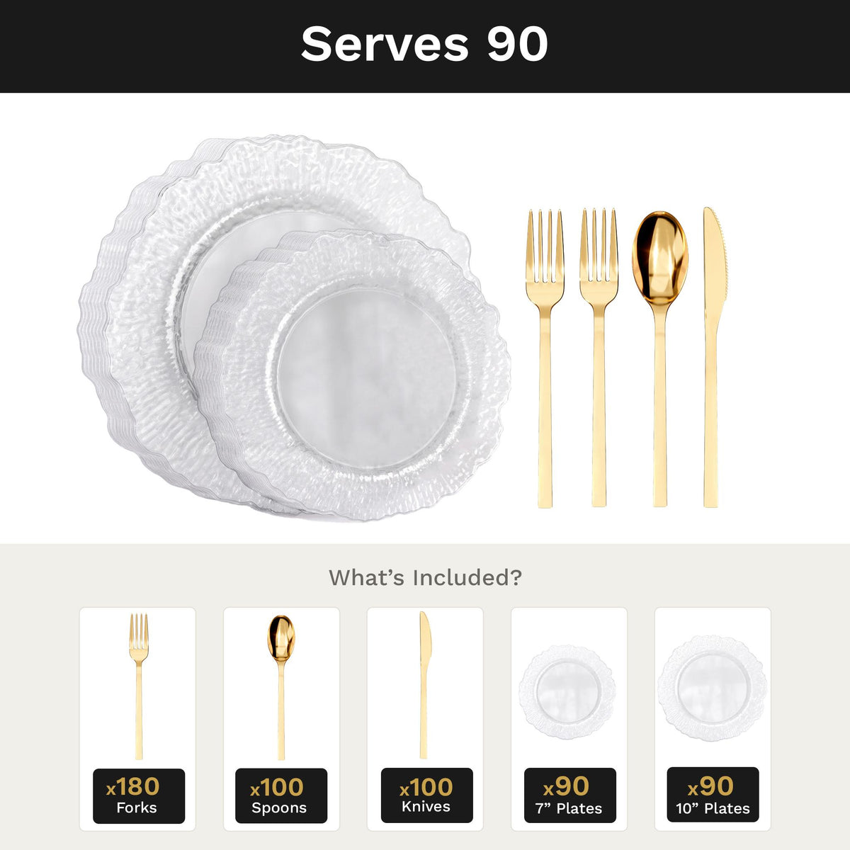Clear Leaf Deluxe Set | Plates & Gold Cutlery | Serves 90