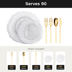Clear Leaf Deluxe Set | Plates & Gold Cutlery | Serves 90