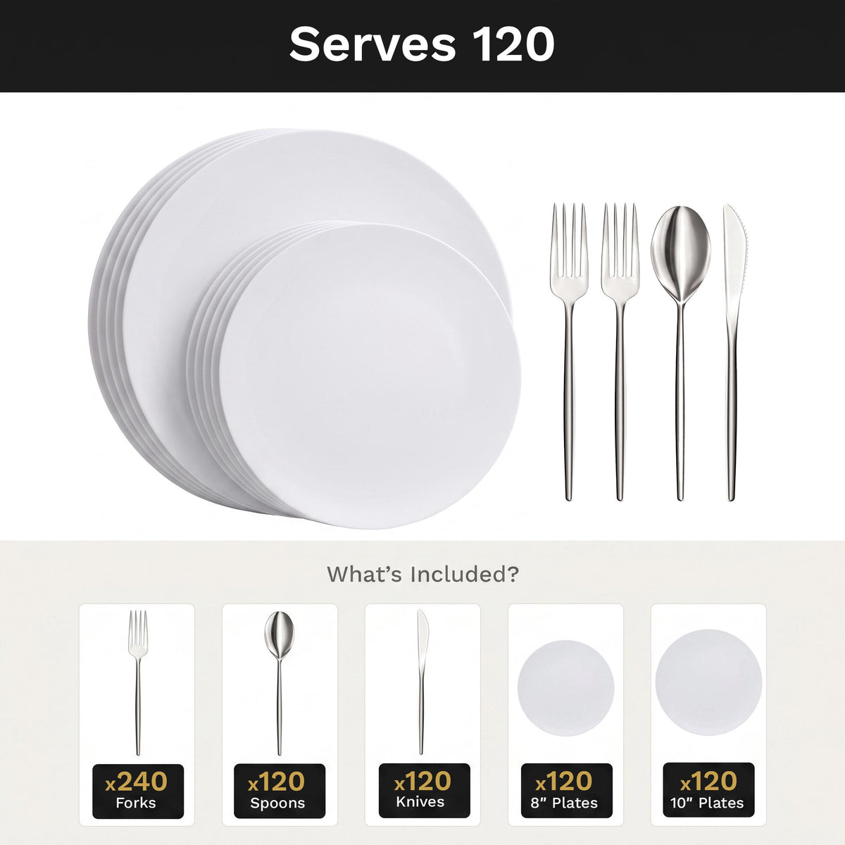 Trend White Deluxe Set | Plates & Silver Cutlery | Serves 120