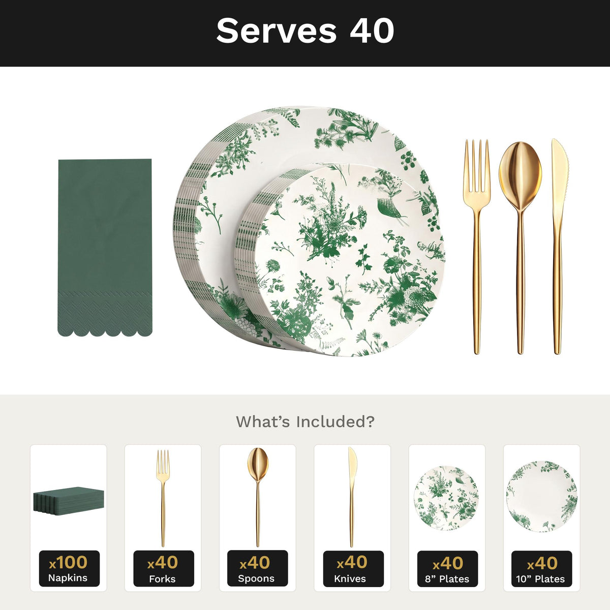 Verdure Ultimate Set | Plates, Gold Cutlery & Napkins | Serves 40
