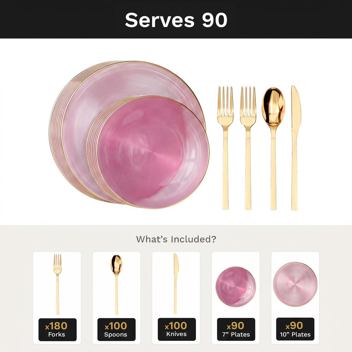Pink Luster Deluxe Set | Plates & Gold Cutlery | Serves 90