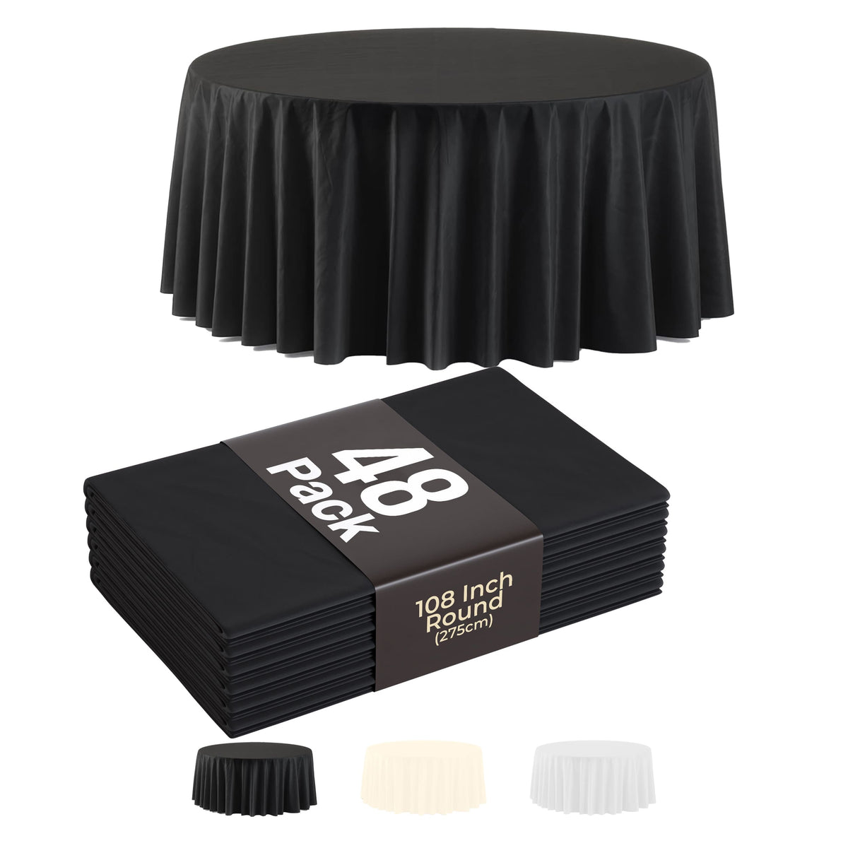 108 In. Premium Round Black Plastic Table Covers | 48 Count