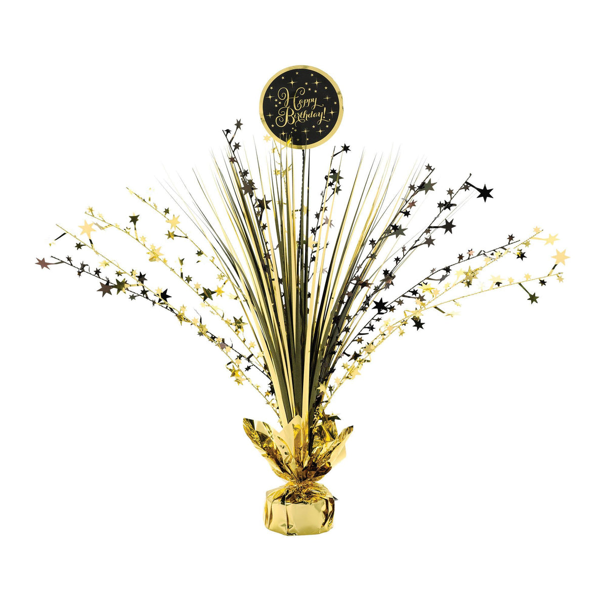 Happy Birthday Tinsel Spray Centerpiece, Gold/Black, 18 inch - Pack of 2