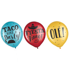 Fiesta "Taco 'Bout A Party" Latex Balloons, Blue/Red/Yellow, 12-inch, 15-ct - Case of 72