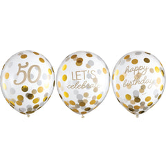 Golden Age 50 Round Transparent Confetti Latex Balloons, Gold, 12-in, 6-ct - Pack of 6