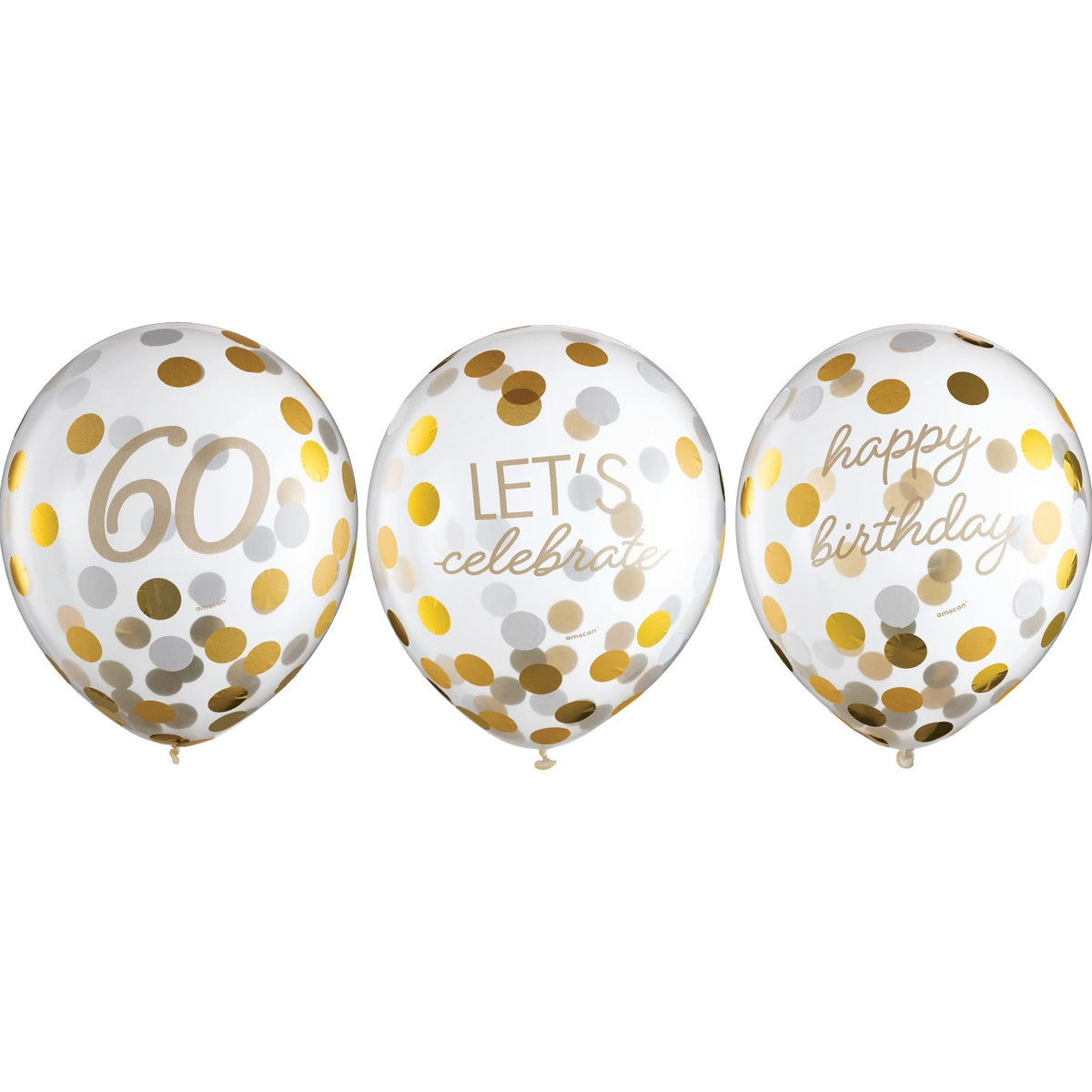 60 Round Transparent Confetti Latex Balloons, Gold, 12-inch, 6-ct - Pack of 6