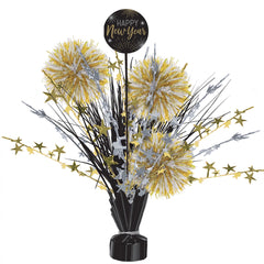 Happy New Year Tinsel Burst Centerpiece, Gold/Silver/Black, 18-inch - Pack of 2