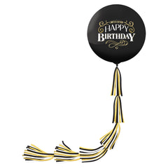 "Happy Birthday" Round Latex Balloon with Tail, Black/Gold, 24-inch, 2-ct - Case of 6