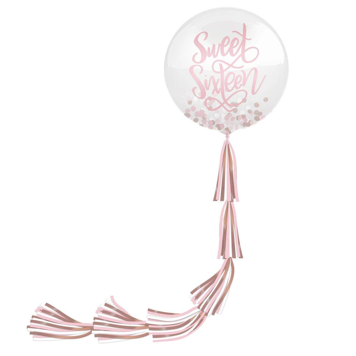 Sweet Sixteen Round Confetti Latex Balloon with Tail, Pink/Rose Gold, 24-inch, 2-ct - Case of 6
