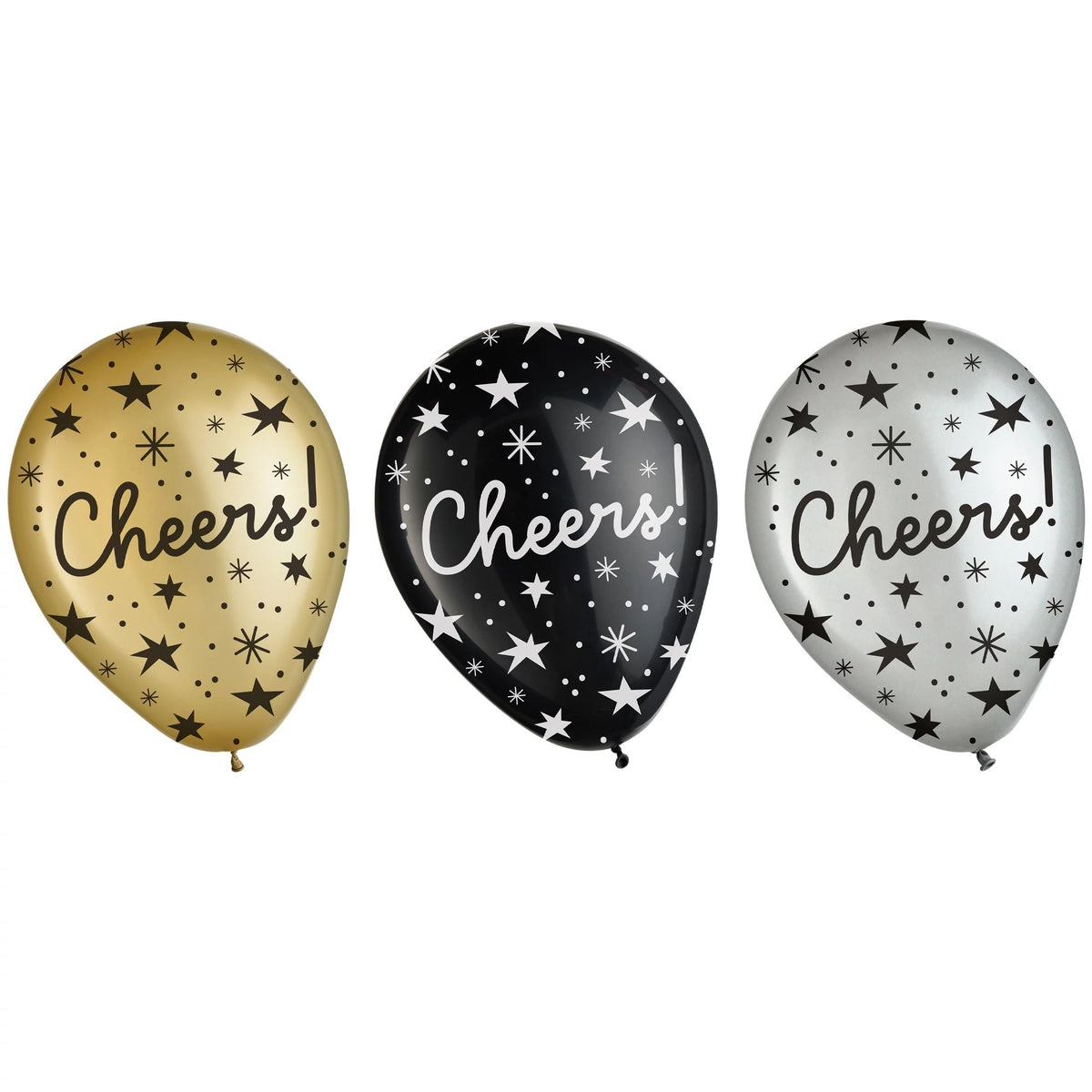 Cheers Star-Print Latex Balloons, Black/Silver/Gold, 11-inch, 15-ct - Pack of 2