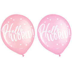 "Hello World" Latex Balloons, Pink/White, 12-inch, 15-ct - Pack of 2
