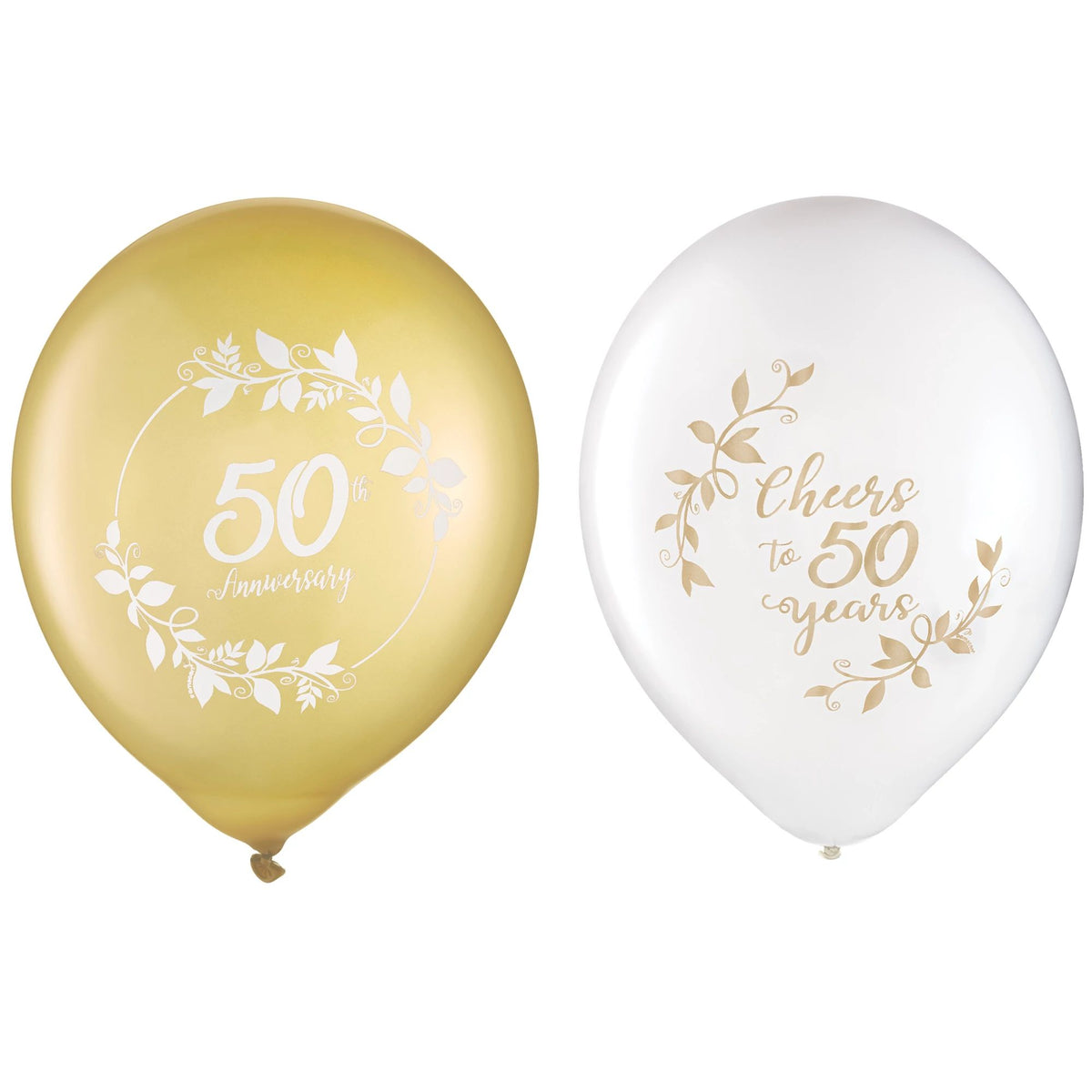 50th Anniversary Round Latex Balloons, White/Gold, 12-inch, 15-ct - Pack of 12