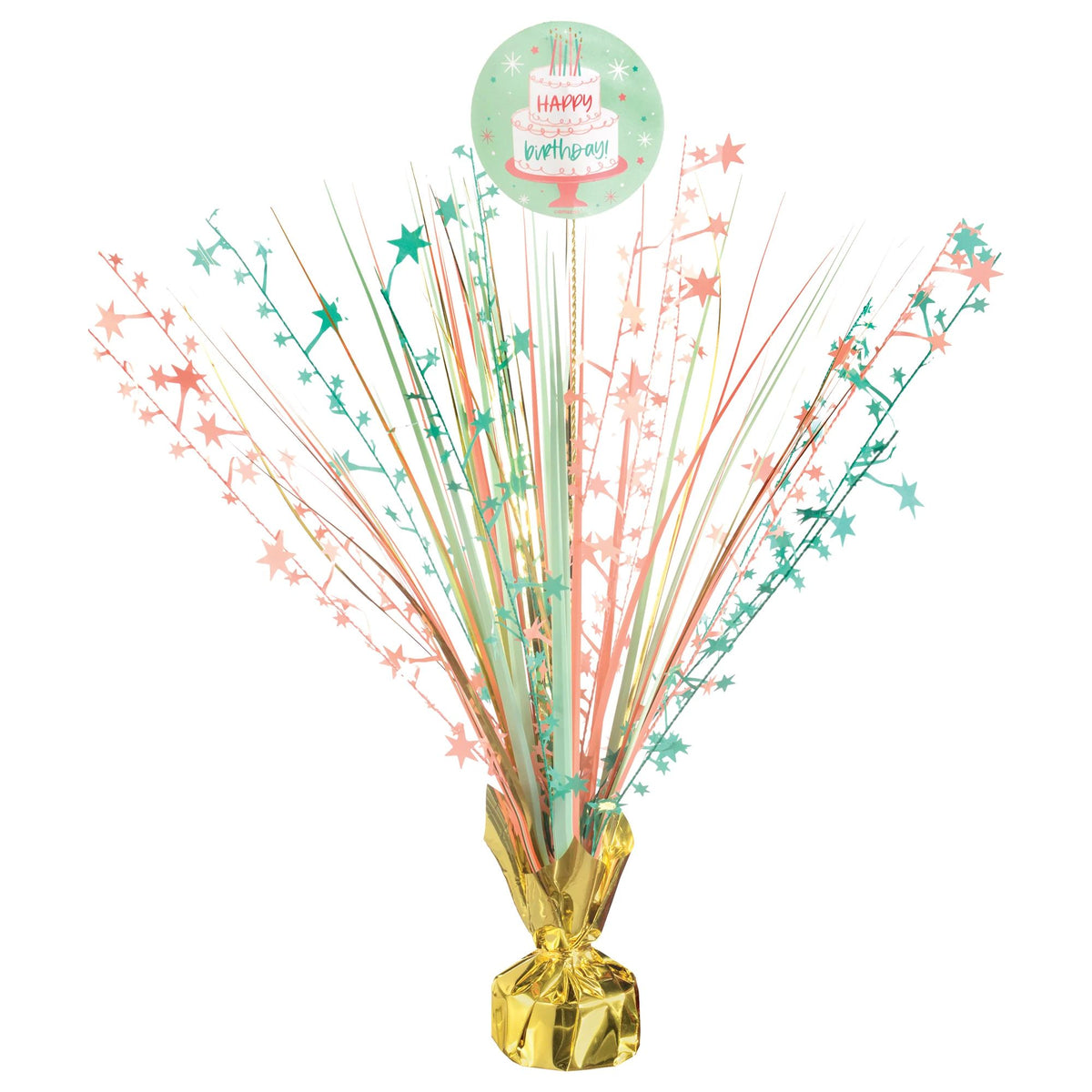 Happy Cake Day Metallic Tinsel Spray Centerpiece, Blue/Gold, 18-inch - Case of 48