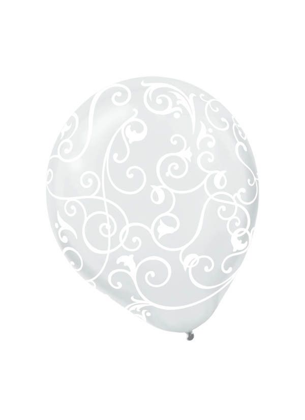 Round Transparent Latex Balloons, Silver Filigree, 12-inch, 6-ct - Pack of 2