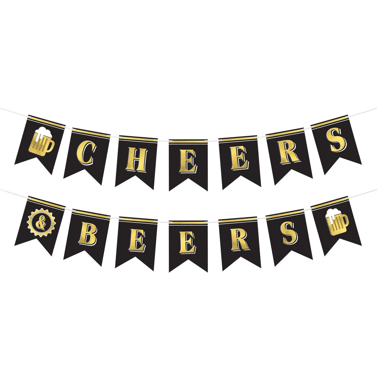 Cheers Beers Garland Banner, Gold/Black, 10-ft, 2-ct - Pack of 12