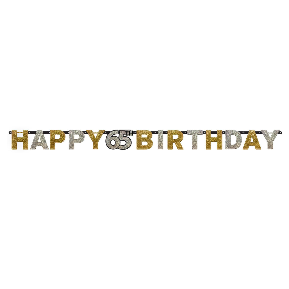 Happy 65th Birthday Hanging Garland Banner, Black/Gold/Silver, Polka Dot, 7-inch - Pack of 12