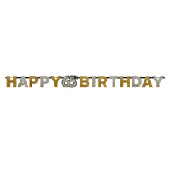 Happy 65th Birthday Hanging Garland Banner, Black/Gold/Silver, Polka Dot, 7-inch - Case of 48