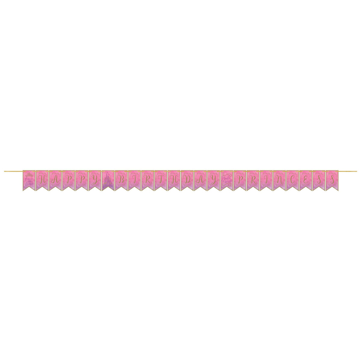 Disney Princess Once Upon A Time Happy Birthday Pennant Banner, Pink/Gold, 15-foot - Pack of 6