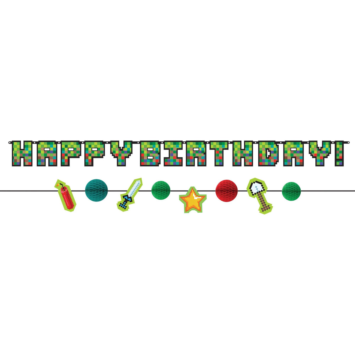 Pixel Party Happy Birthday Banner Decoration, Green, 10.5-ft. - Pack of 6
