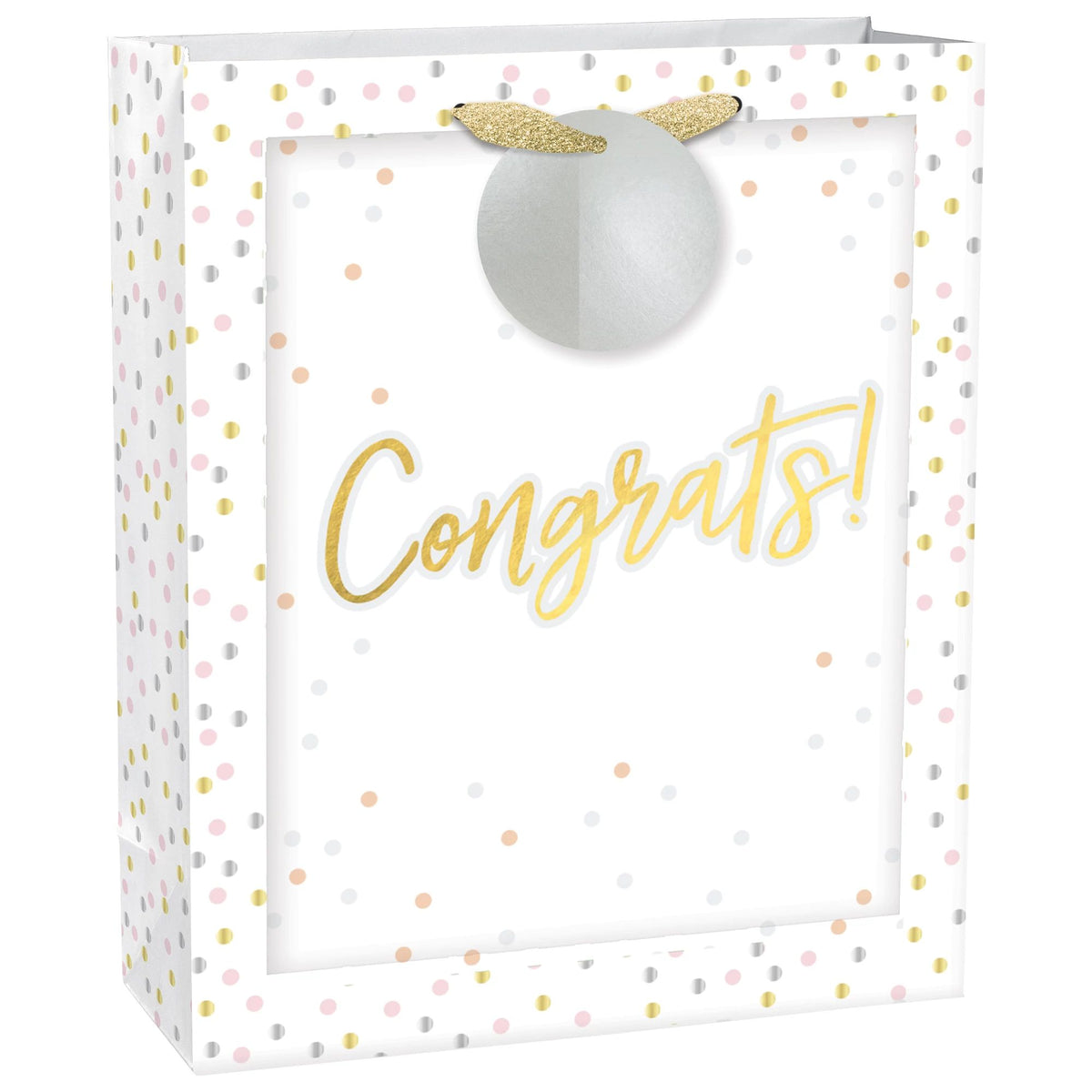 Congrats Paper Gift Bag, Confetti, 13-inch, White/Gold/Silver - Case of 90