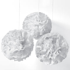White Fluffy Tissue Pom Pom Decorations, 16-inch, 3-ct - Case of 12