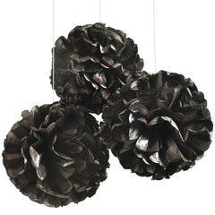 Black Fluffy Tissue Pom Pom Decorations, 16-Inch, 3-ct - Case of 12