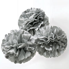 Silver Fluffy Round Pom Pom Decorations, 3-ct - Case of 12