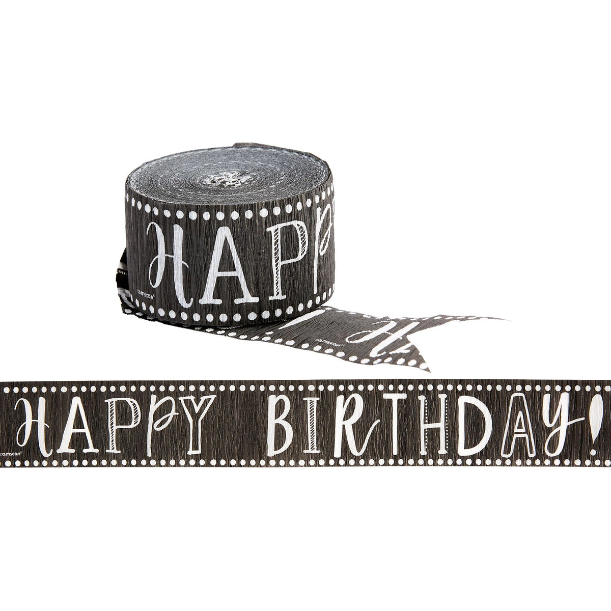 Happy Birthday Crepe Streamer, Black/White, 81-foot - Case of 72