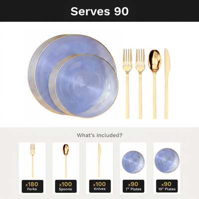 Blue Luster Deluxe Set | Plates & Gold Cutlery | Serves 90