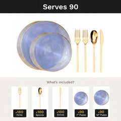 Blue Luster Deluxe Set | Plates & Gold Cutlery | Serves 90