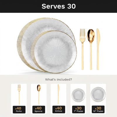 Clear Burst Deluxe Set | Plates & Gold Cutlery | Serves 30