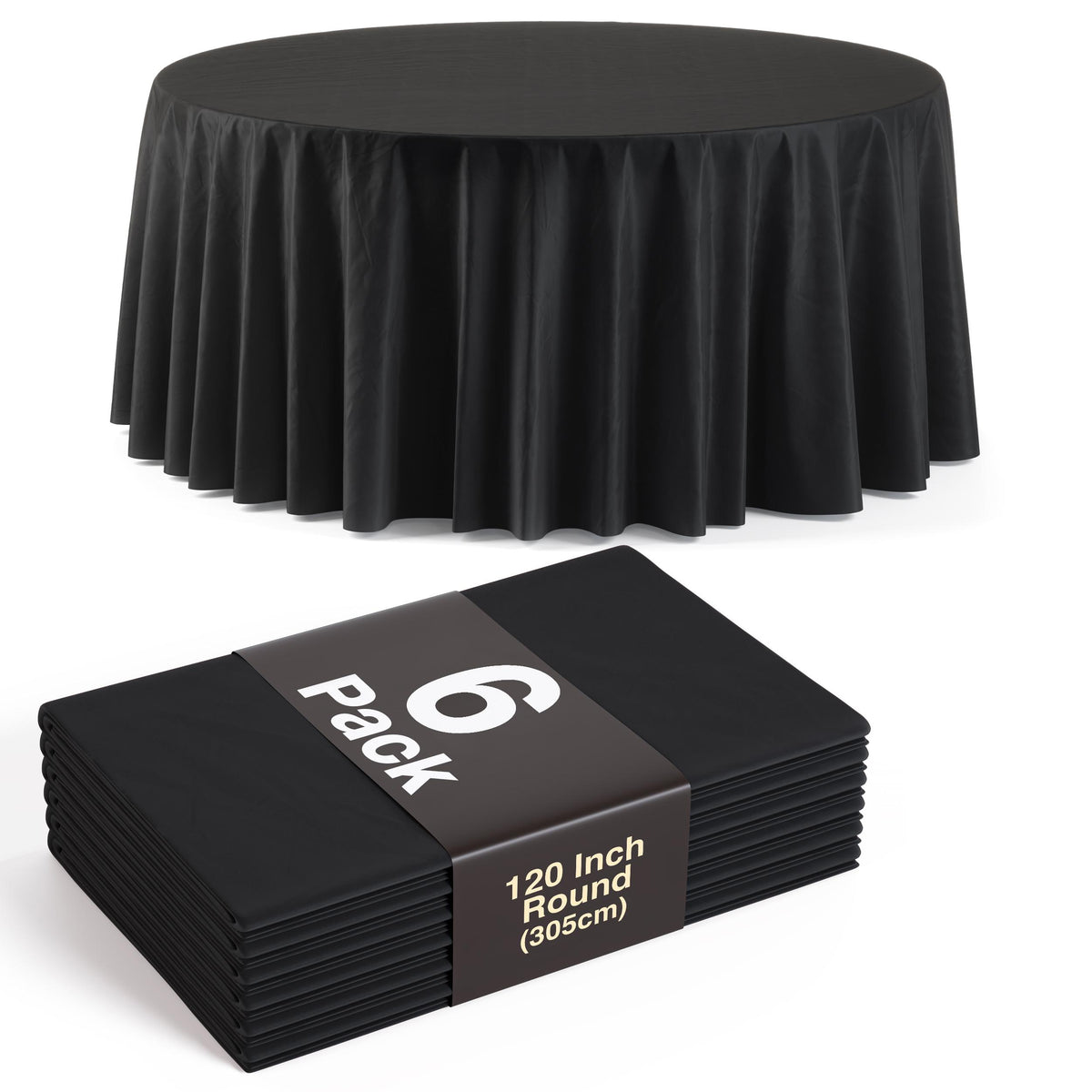 120 In. Premium Round Black Plastic Table Covers | 6 Count