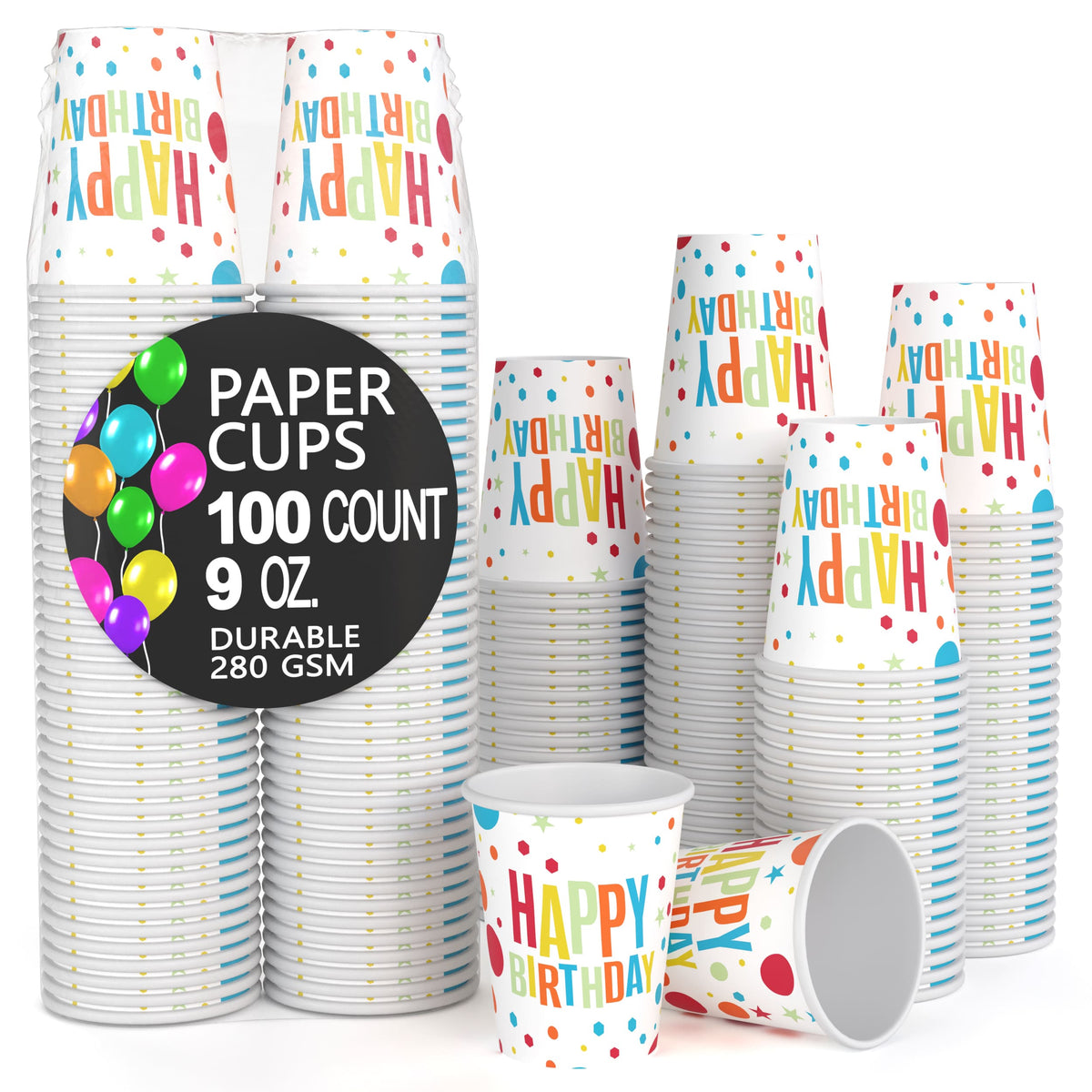 9 Oz. Birthday Print Paper Cups | 100 Count