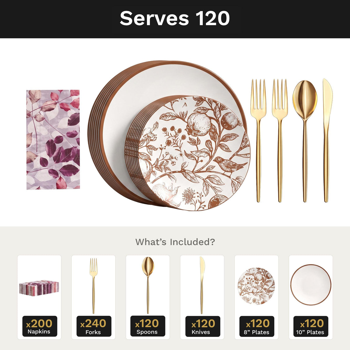 Pomegranate Ultimate Set | Plates, Gold Cutlery & Napkins | Serves 120