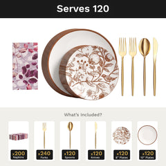 Pomegranate Ultimate Set | Plates, Gold Cutlery & Napkins | Serves 120