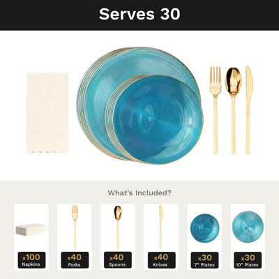 Turquoise Luster Ultimate Set | Plates, Gold Cutlery & Napkins | Serves 30