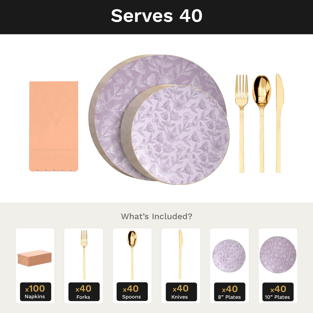 Blossom Circle Ultimate Set | Plates, Gold Cutlery & Napkins | Serves 40